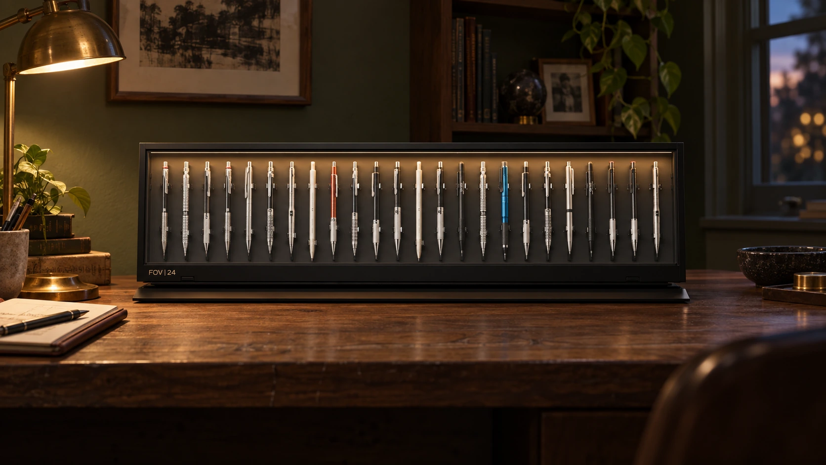 FOV 24 on a walnut desk in a warmly lit study